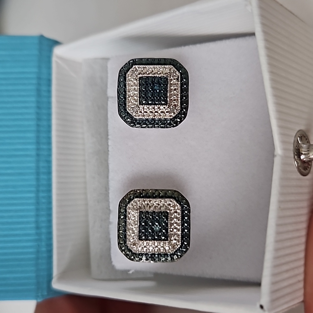 Vintage Genuine Blue Diamond Earrings | Natural Diamond Accented Rhodium
